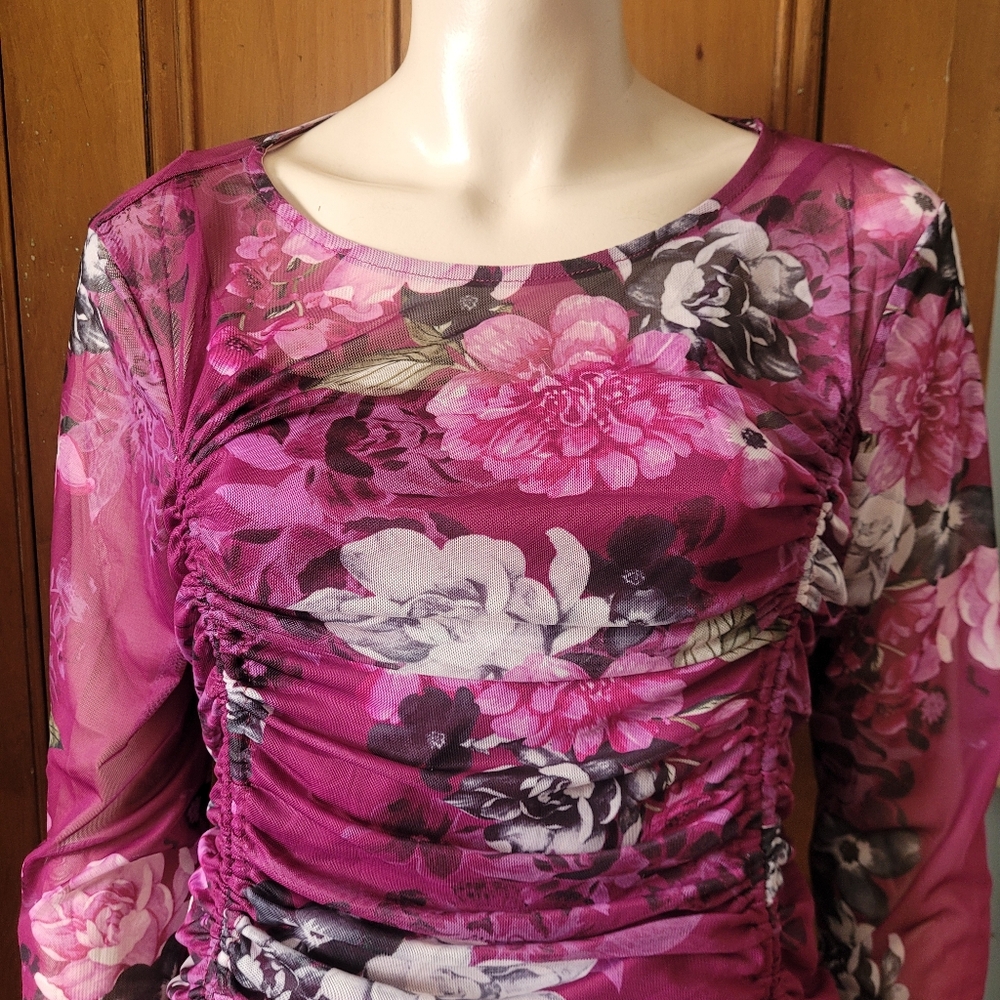 Vintage Y2K Ruched Sheer Mesh Floral Top Fairycore Romantic Club Wear M - Picture 5 of 16